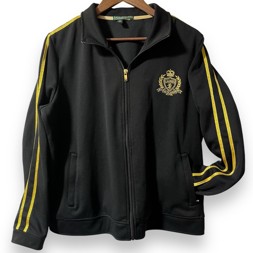 Lauren Ralph Lauren Active Jacket Women's L Black Metallic Gold Crest Trim